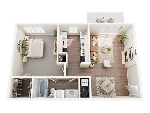 Floor plan for 1 bed, 1 bath, 688 sqft